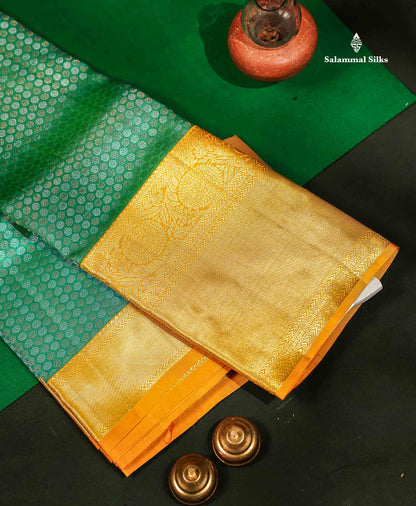 Beautiful Sapphire Green Bridal Pure Kanjivaram Silk Saree With Contrast Yellow Traditional Evening Morning Border