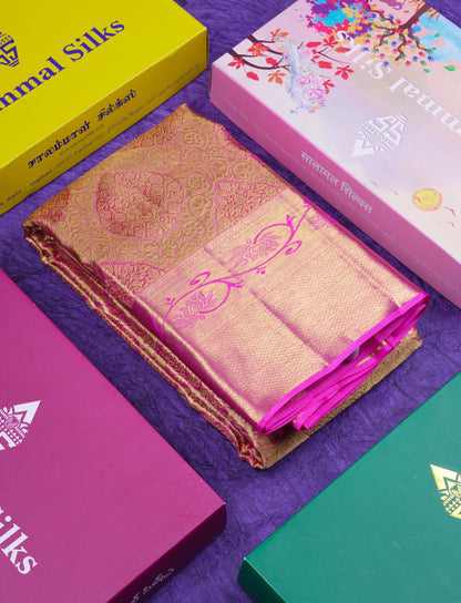 Beautiful Light Pink Tissue Bridal Pure Kanjivaram Silk Saree With Contrast Pink Traditional Border