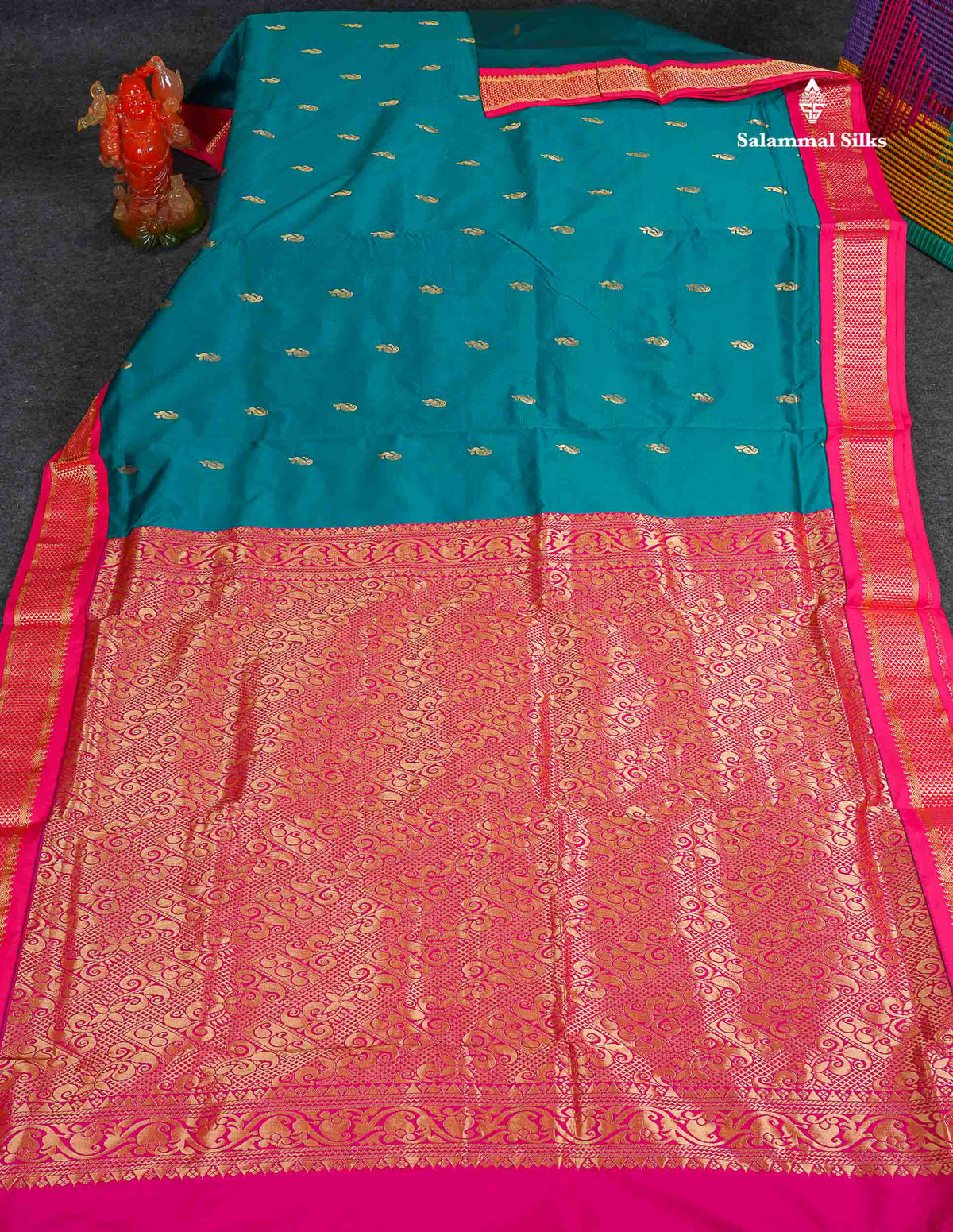 Semi Silk Saree - Teal Blue Colour Body With Zari Butta & Pink Border | 9.5 Yards 
