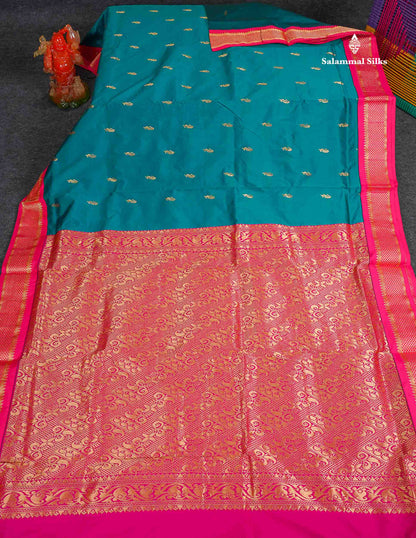 Semi Silk Saree - Teal Blue Colour Body With Zari Butta & Pink Border | 9.5 Yards 