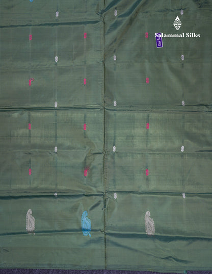 Dark Peach Thread work Buttas Banana Pinth Saree (Vaazhainaar Pattu) With Contrast Army Greene Blouse