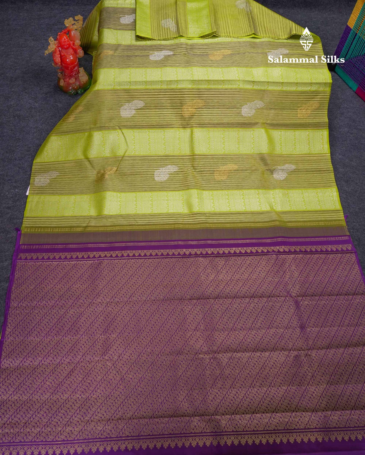 Beautiful Pista Green Fancy Pure Kanjivaram Silk Saree With Contrast Dark Purple Blouse