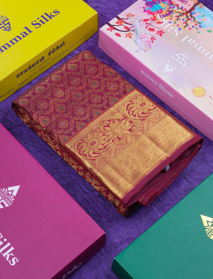 Beautiful Dark Maroon Bridal Menakari Work Pure Kanjivaram Silk Saree With Traditional Border