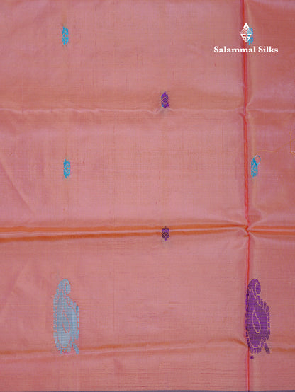 Dark Peach Thread work Buttas Banana Pinth Saree (Vaazhainaar Pattu) With Contrast Army Greene Blouse