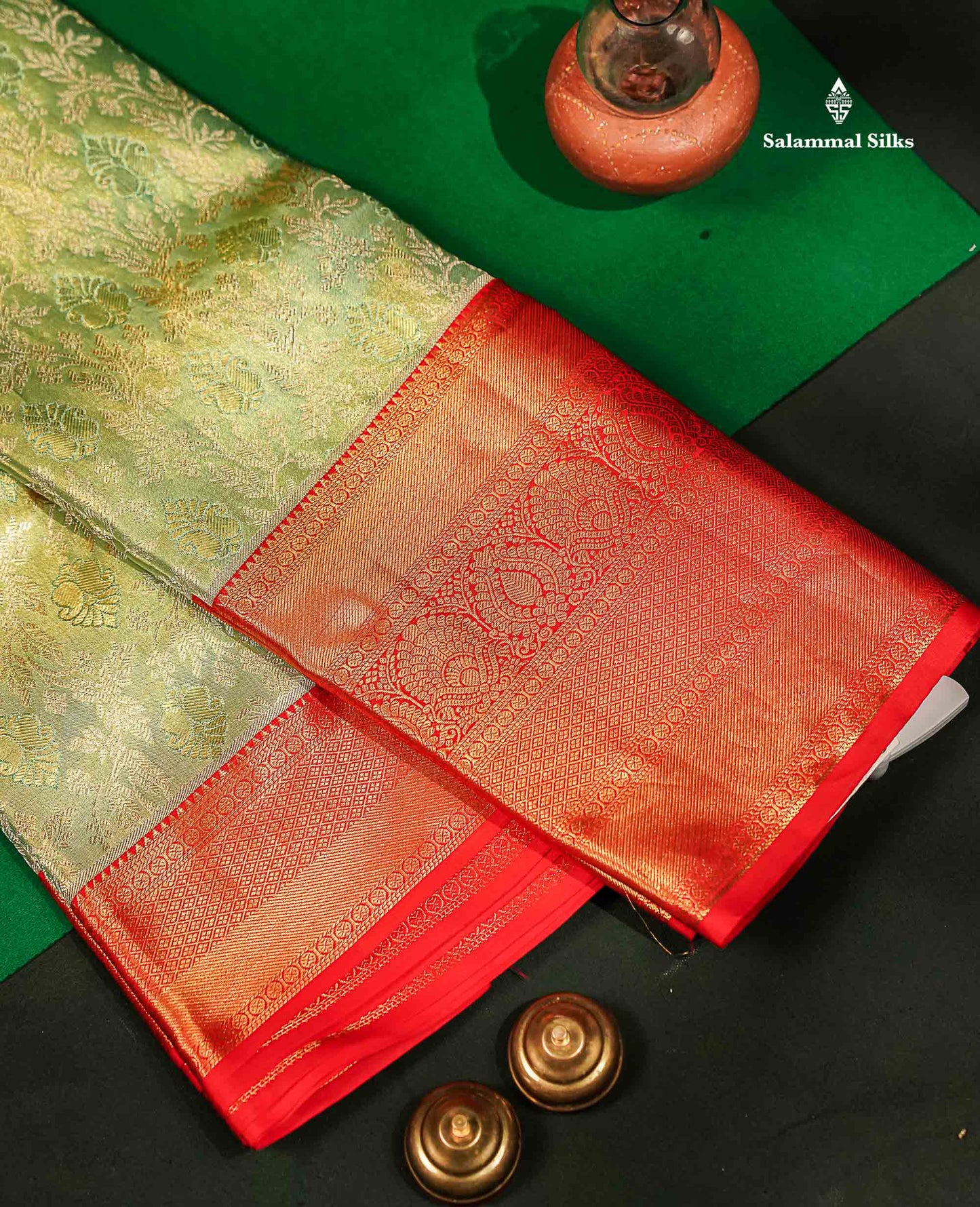 Beautiful Light Green Tissue Bridal Pure Kanjivaram Silk Saree With Contrast Chilly Red Traditional Evening Morning Border
