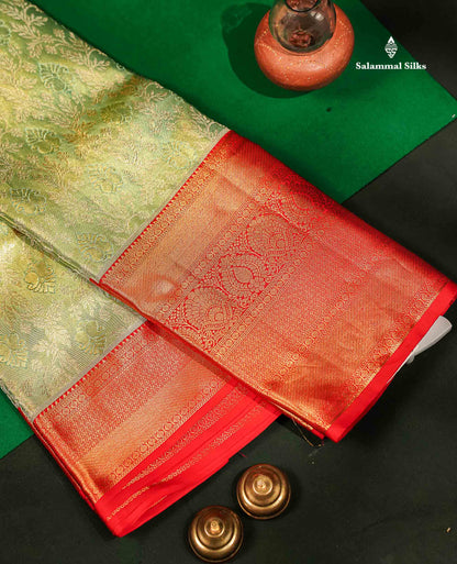 Beautiful Light Green Tissue Bridal Pure Kanjivaram Silk Saree With Contrast Chilly Red Traditional Evening Morning Border
