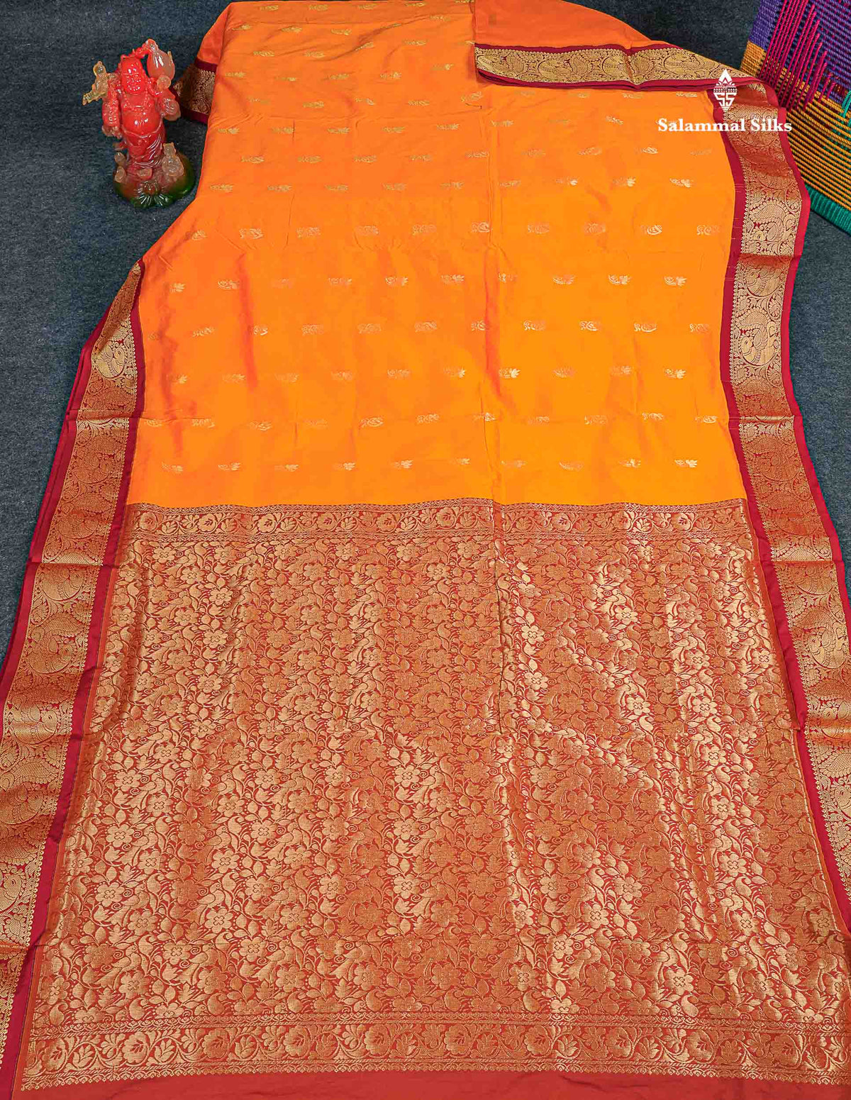 Semi Silk Saree - Orange Colour Body With Zari Butta & Maroon Border | 9.5 Yards 