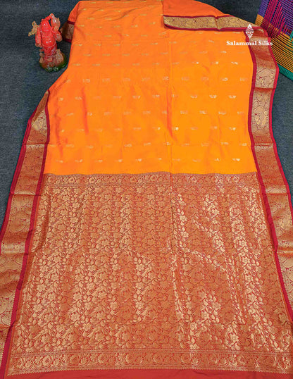 Semi Silk Saree - Orange Colour Body With Zari Butta & Maroon Border | 9.5 Yards 