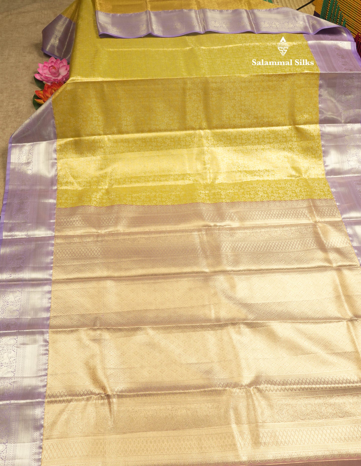Gold Tissue Bridal Semi Silk Saree With Contrast Lavender Border