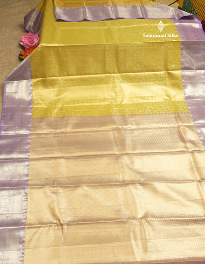 Gold Tissue Bridal Semi Silk Saree With Contrast Lavender Border