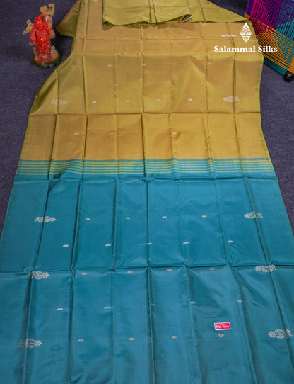 Manthulir Yellow Thread work Buttas Banana Pinth Saree (Vaazhainaar Pattu) With Contrast Teal Greene Blouse
