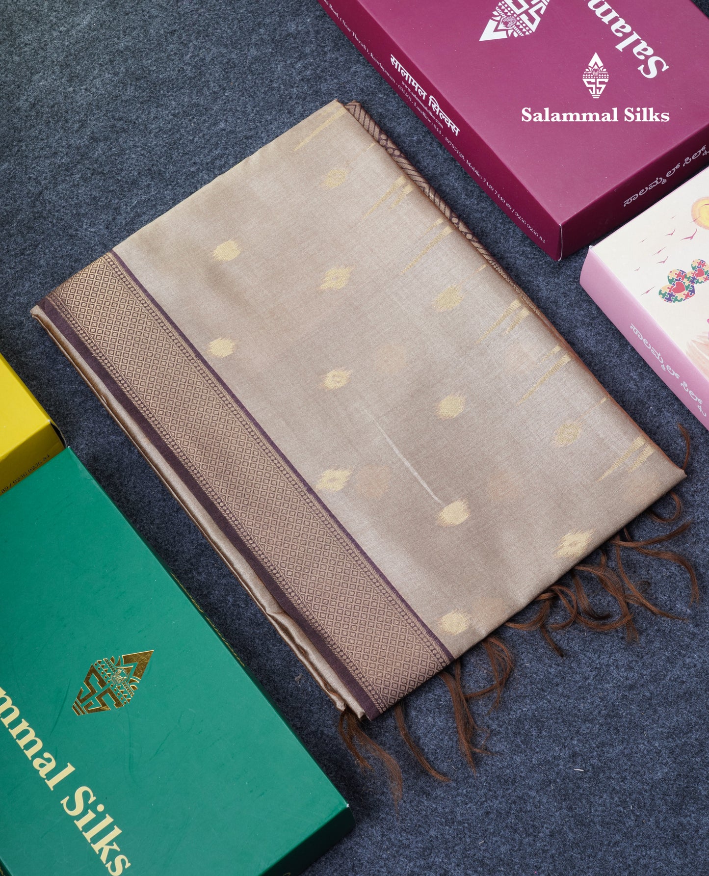 Light Chocolate Semi Tussar Silk Saree With Contrast Lavender Border