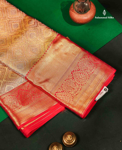 Beautiful Light Pink Tissue Bridal Pure Kanjivaram Silk Saree With Contrast Red Traditional Evening Morning Border