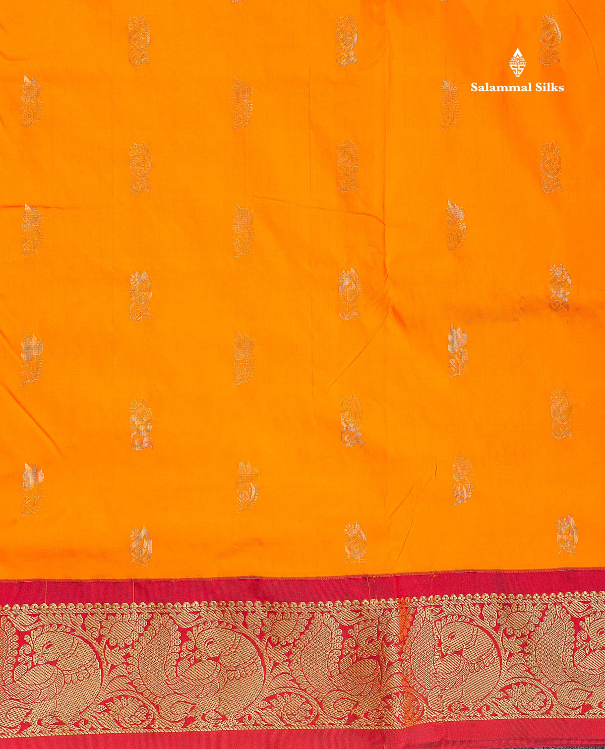 Semi Silk Saree - Orange Colour Body With Zari Butta & Maroon Border | 9.5 Yards