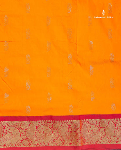 Semi Silk Saree - Orange Colour Body With Zari Butta & Maroon Border | 9.5 Yards