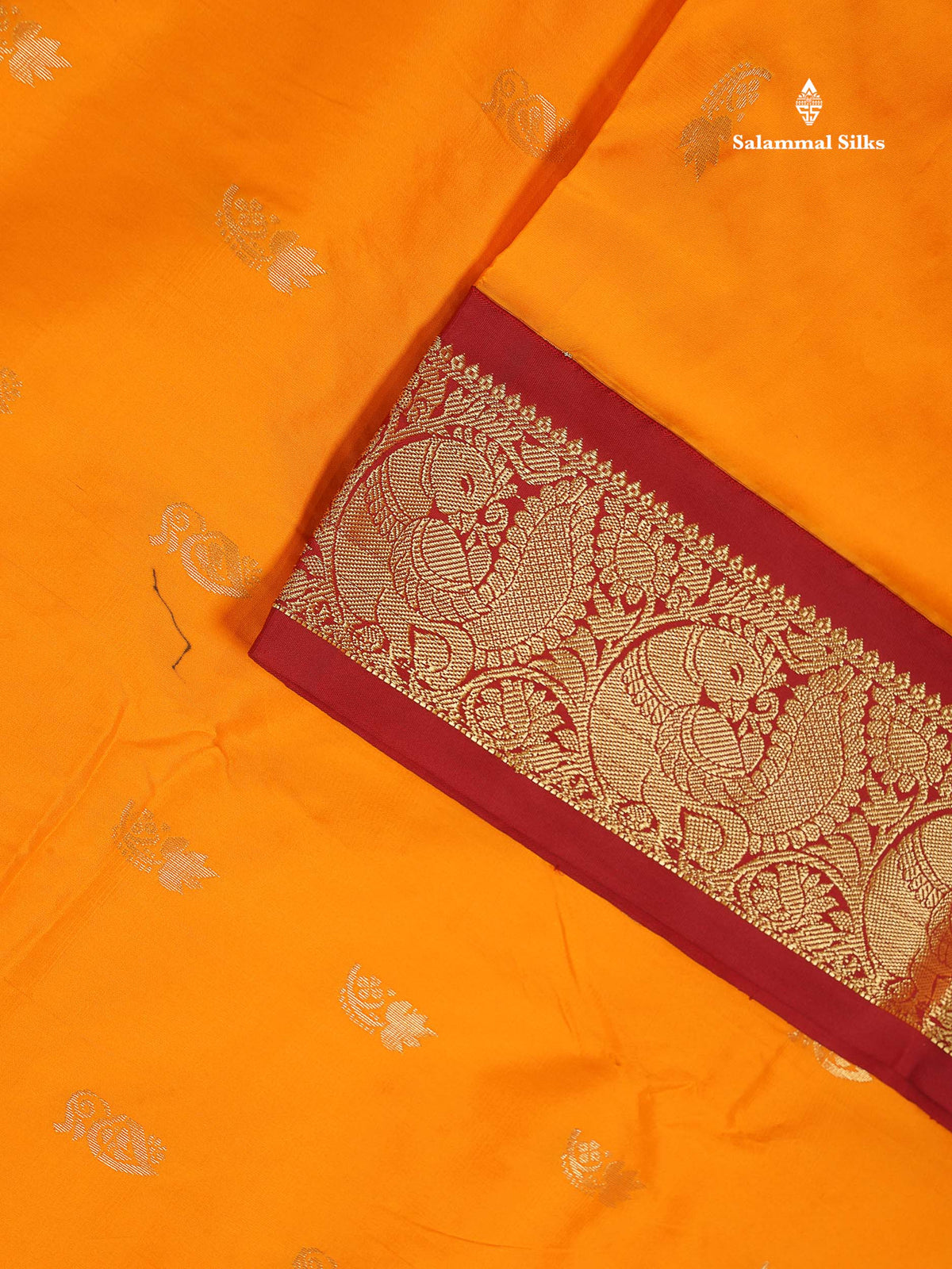 Semi Silk Saree - Orange Colour Body With Zari Butta & Maroon Border | 9.5 Yards