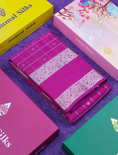 Beautiful Magenta Checks With Butta Puremix Silk Saree With Traditional Gap Border