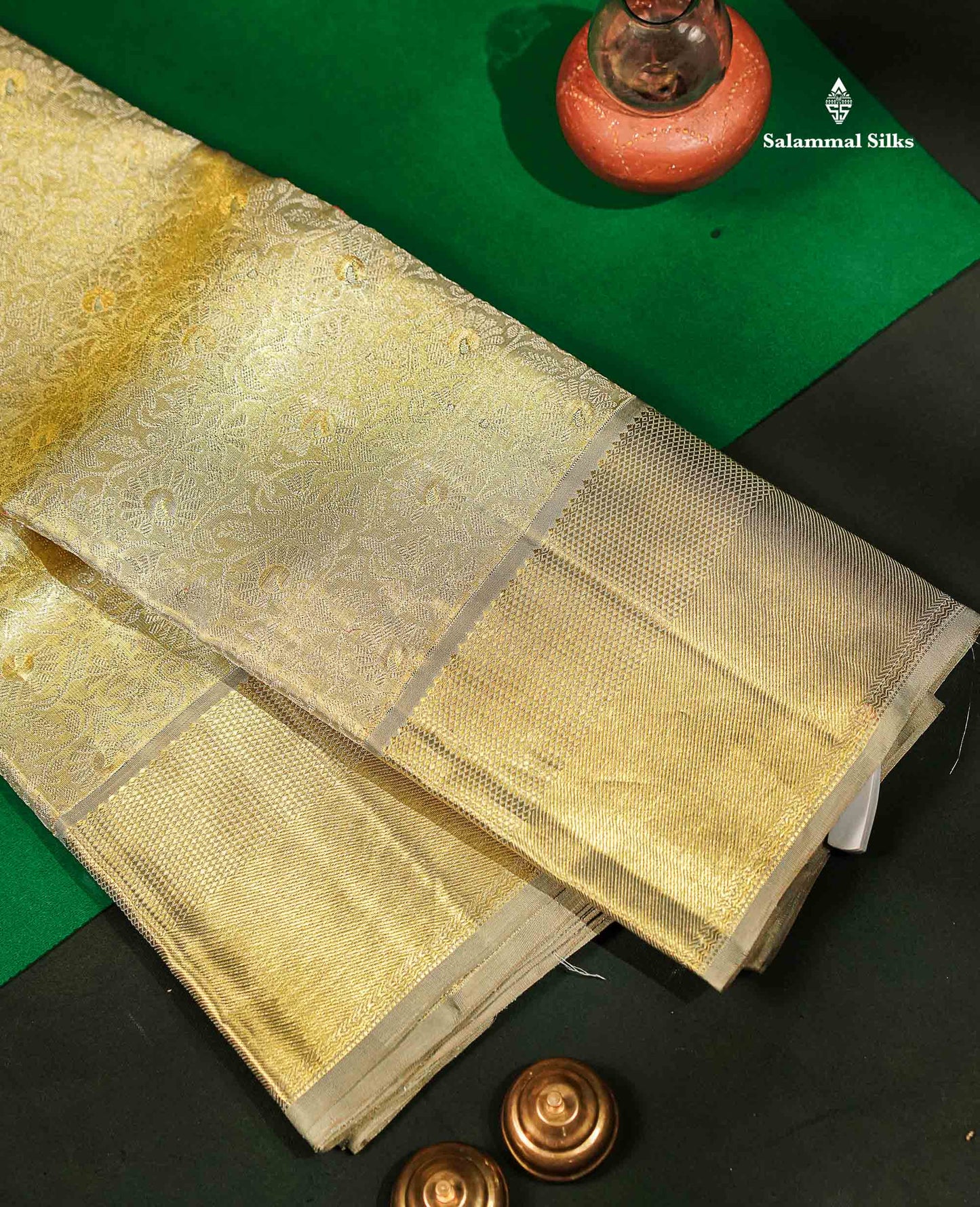 Beautiful Gold Tissue Bridal Pure Kanjivaram Silk Saree With Contrast Grey Traditional Border