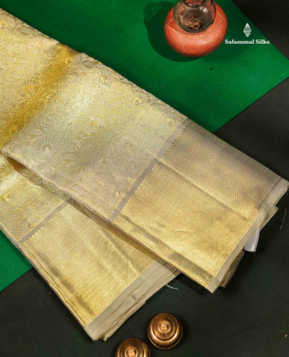 Beautiful Gold Tissue Bridal Pure Kanjivaram Silk Saree With Contrast Grey Traditional Border