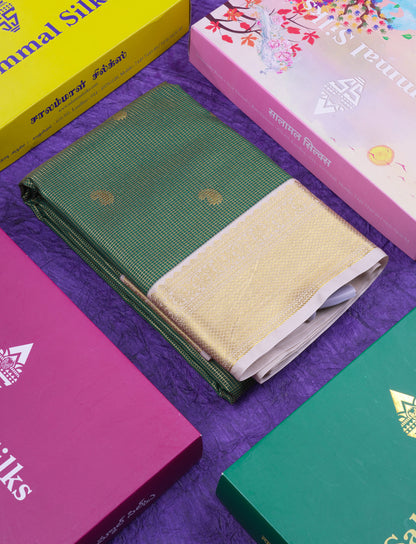 Beautiful Bottle Green Tiny Vaira Oosi Checks With Butta Semi Silk Saree With Contrast Cream Sandal Traditional Border