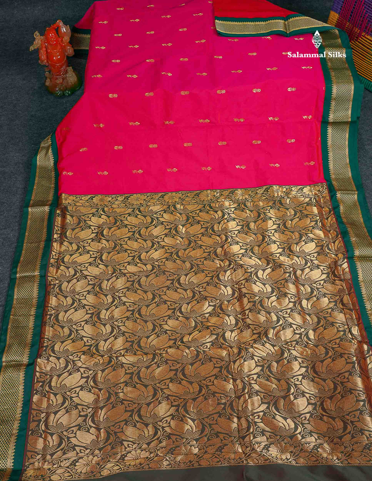 Semi Silk Saree - Pink Colour Body Zari Butta With Bottle Green Border | 9.5 Yards
