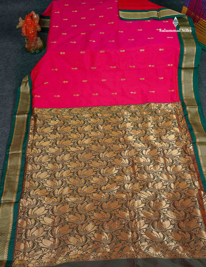 Semi Silk Saree - Pink Colour Body Zari Butta With Bottle Green Border | 9.5 Yards