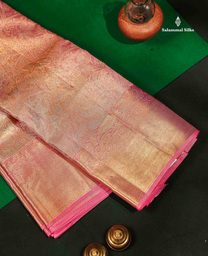 Beautiful Light Pink Tissue Bridal Pure Kanjivaram Silk Saree With Traditional Border