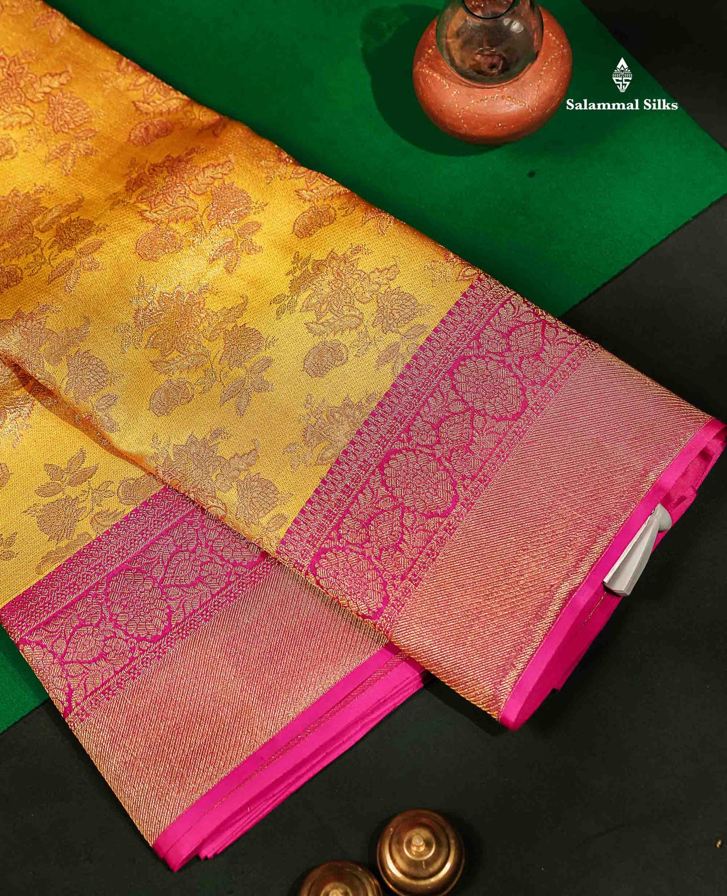 Beautiful Yellow Bridal Pure Kanjivaram Silk Saree With Contrast Magenta Pink Border