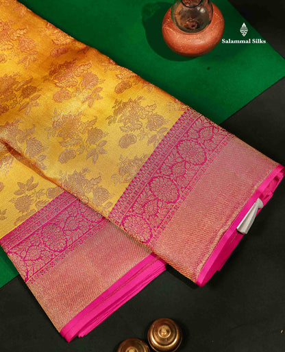 Beautiful Yellow Bridal Pure Kanjivaram Silk Saree With Contrast Magenta Pink Border