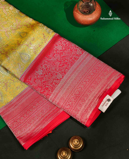 Beautiful Manthulir Yellow Bridal Pure Kanjivaram Silk Saree With Contrast Pink Traditional Evening Morning Border