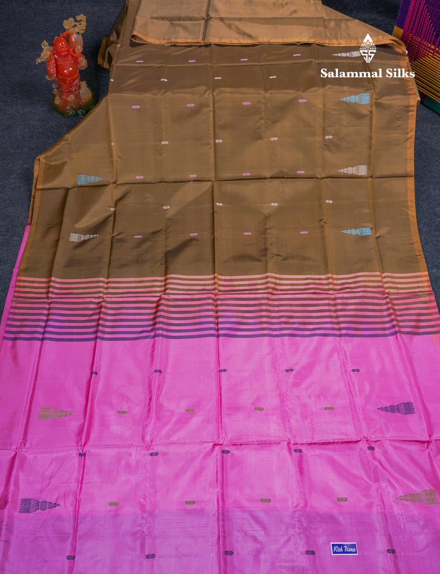 Olive Mustard Yellow Thread work Buttas Banana Pinth Saree (Vaazhainaar Pattu) With Contrast Pink Blouse