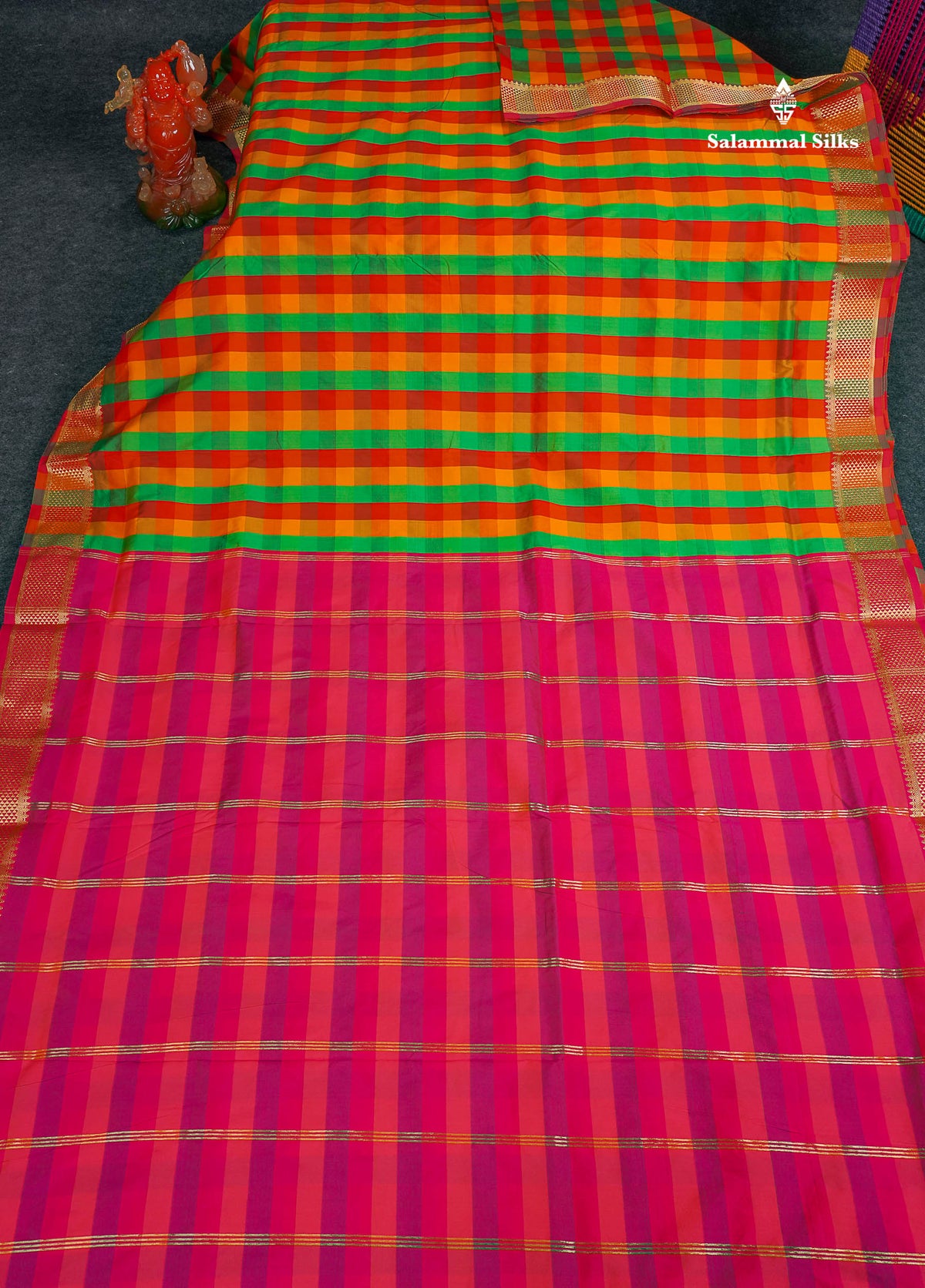 Semi Silk Saree - Paalum Pazham Checks Body With Traditional Border | 9.5 Yards 