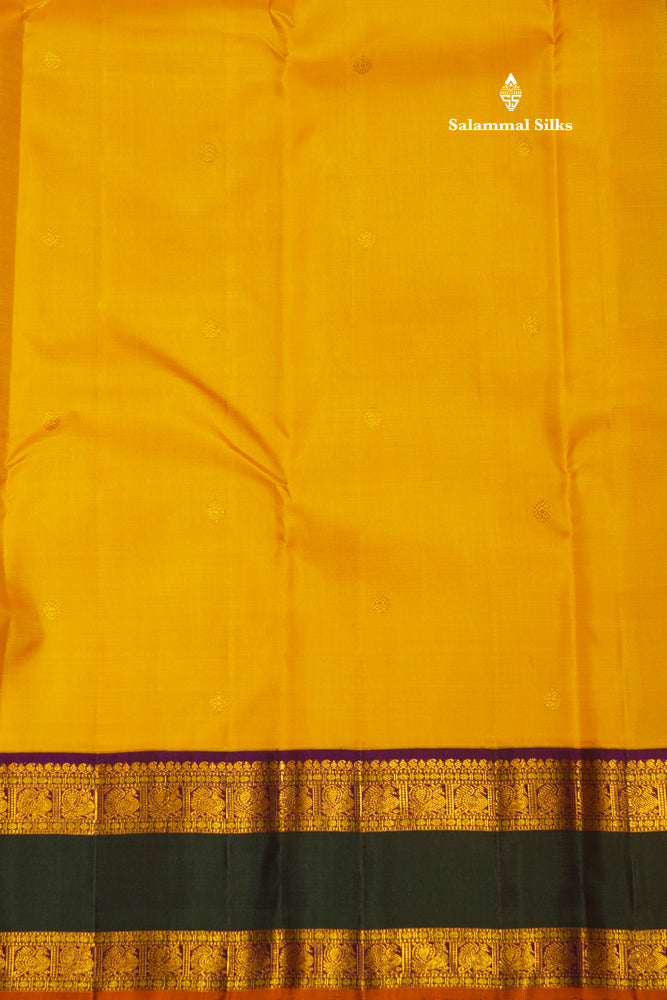 Korvai Yellow Pure Kanjivaram Silk Saree With Traditional Green Double Border
