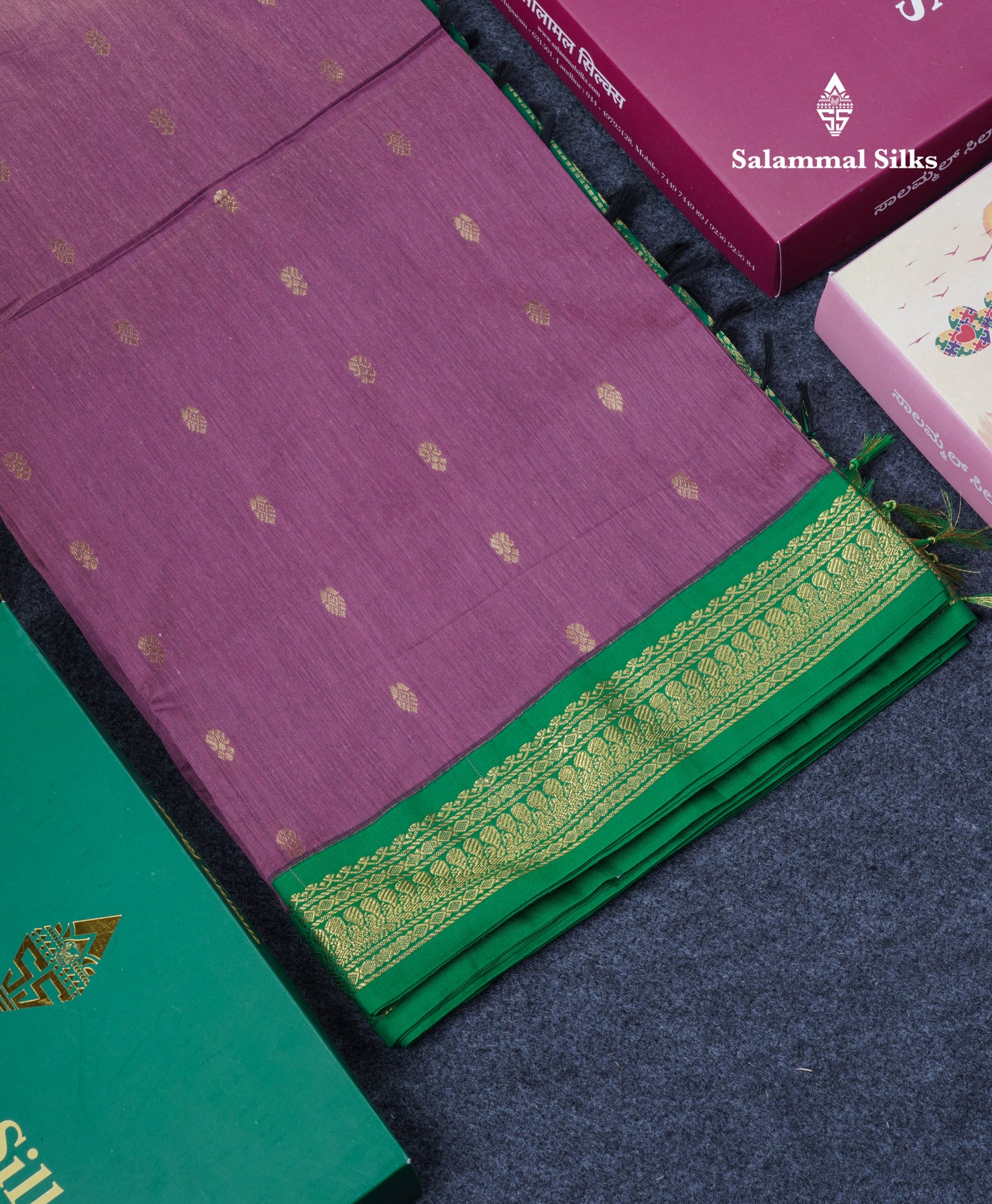 Light Violet Kalyani Cotton Saree With Contrast Green Border