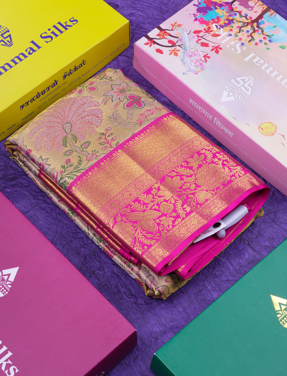 Beautiful Gold Tissu Bridal Menakari Work Pure Kanjivaram Silk Saree With Contrast Magenta Pink Traditional Border