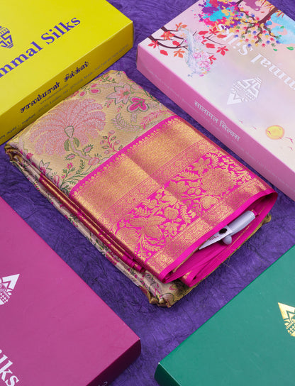 Beautiful Gold Tissu Bridal Menakari Work Pure Kanjivaram Silk Saree With Contrast Magenta Pink Traditional Border