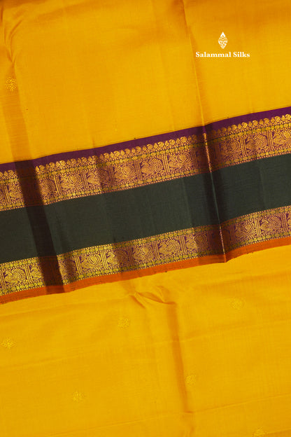 Korvai Yellow Pure Kanjivaram Silk Saree With Traditional Green Double Border