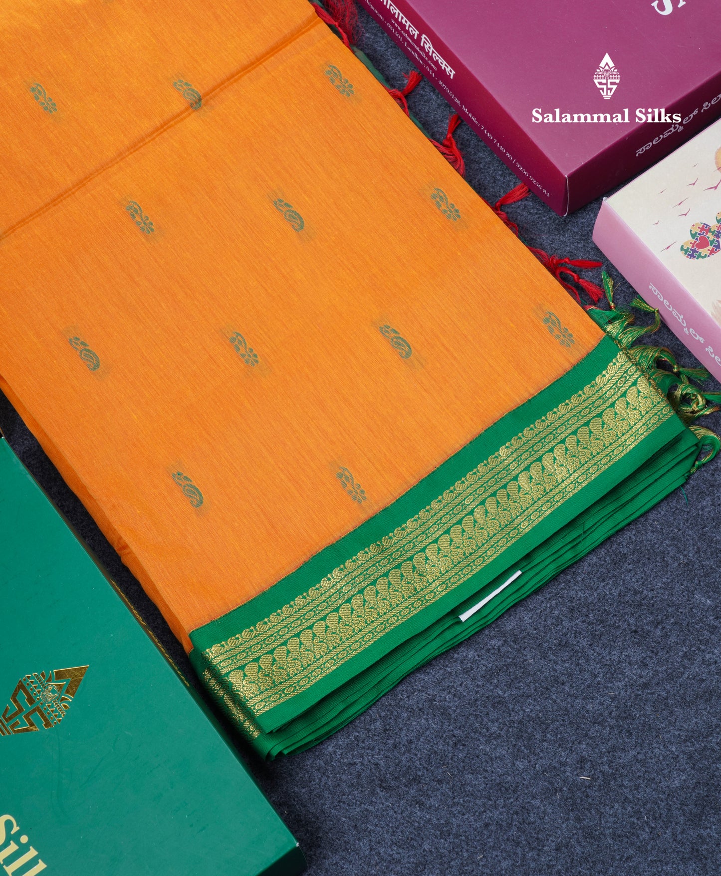 Mango Yellow Kalyani Cotton Saree With Contrast Green Border