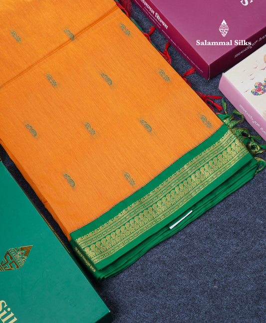 Mango Yellow Kalyani Cotton Saree With Contrast Green Border