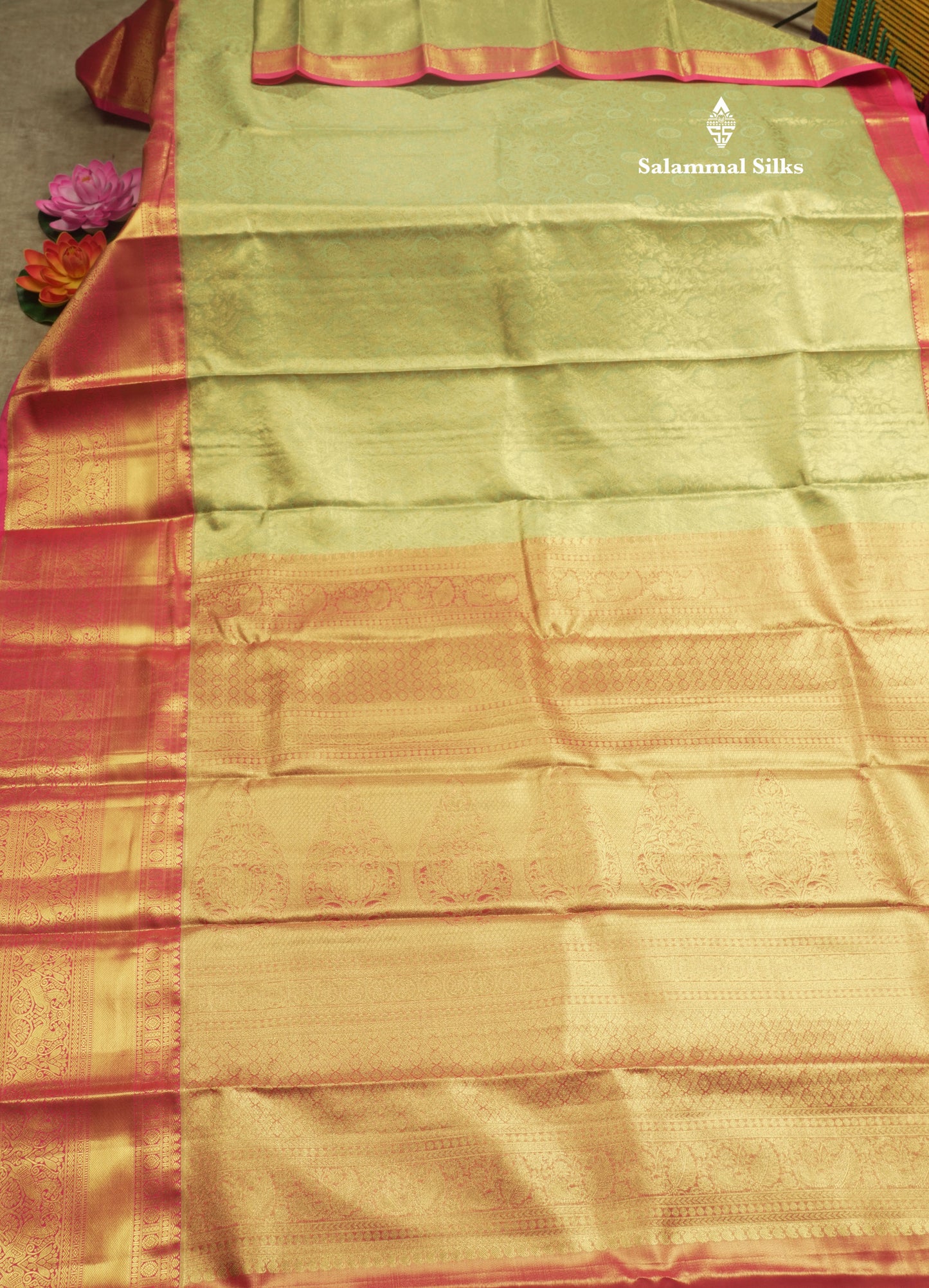 Light Elaichi Green Tissue Bridal Semi Silk Saree With Contrast Pink Border