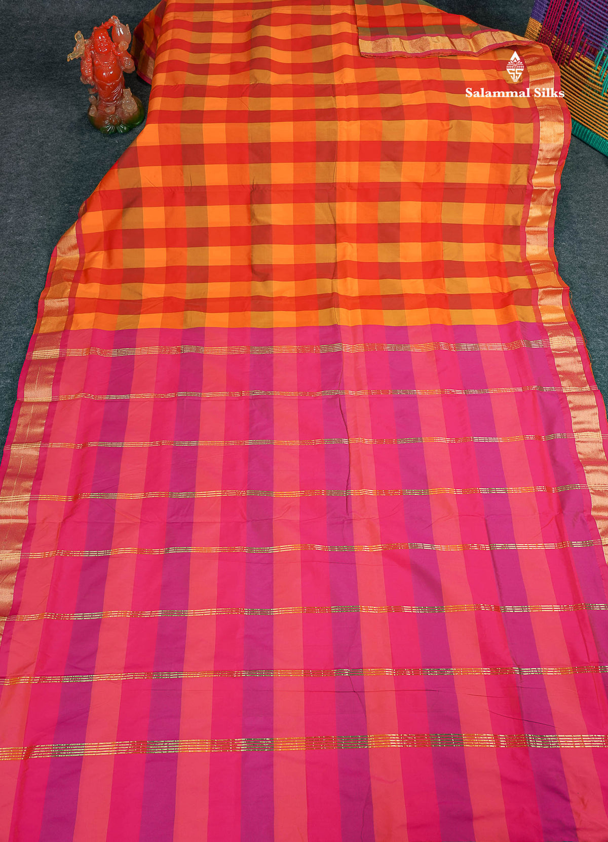 Semi Silk Saree - Paalum Pazham Checks With Tissue Border | 9.5 Yards 