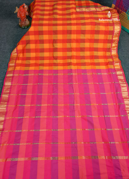 Semi Silk Saree - Paalum Pazham Checks With Tissue Border | 9.5 Yards 