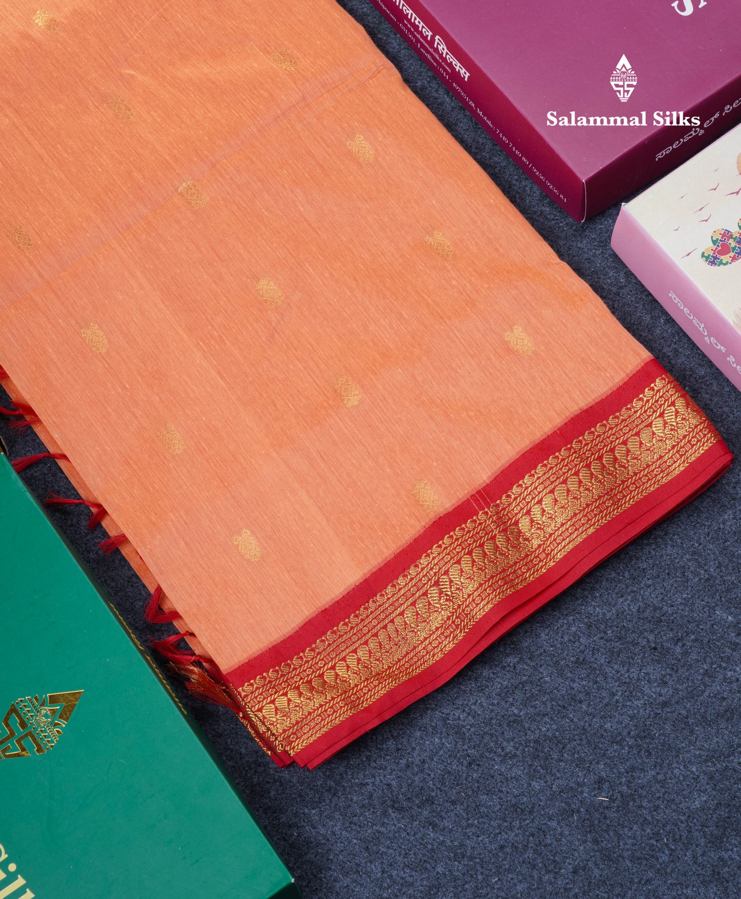 Light Orange Kalyani Cotton Saree With Contrast Reddish Maroon Border