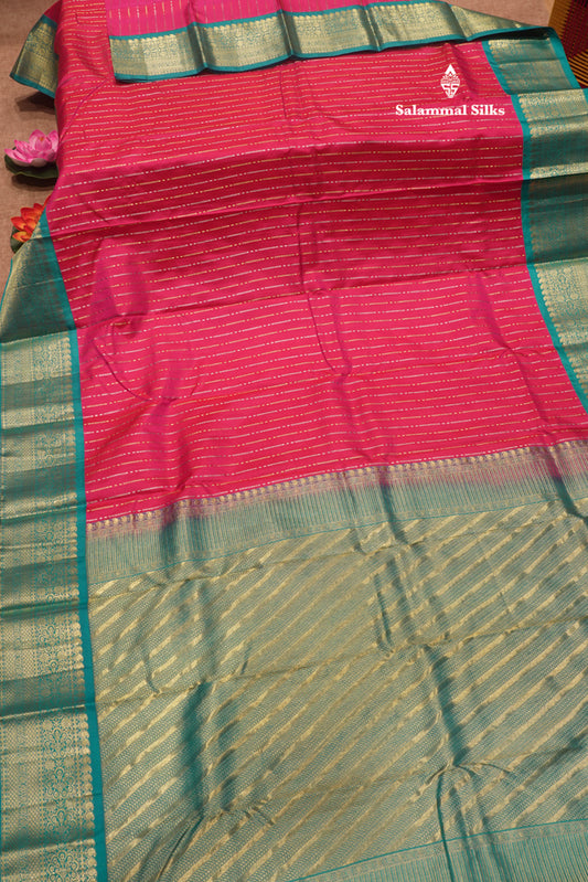 Korvai Pinkish Red Colour Pure Kanjivaram Silk Saree With Contrast Sapphire Green Border