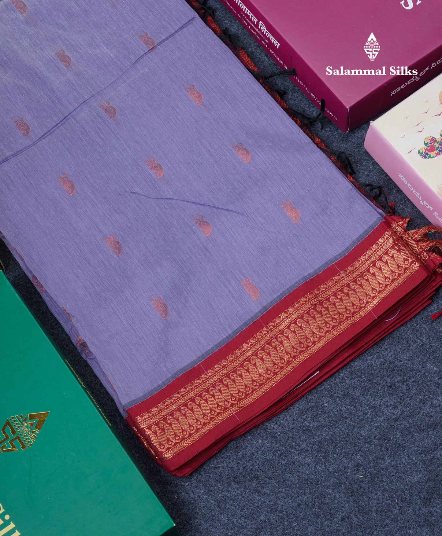 Light Lavender Kalyani Cotton Saree With Contrast Maroon Border