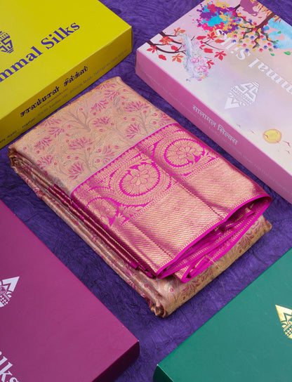 Beautiful Peach Pink Tissue Bridal Menakari Work Pure Kanjivaram Silk Saree With Contrast Magenta Pink Traditional Border