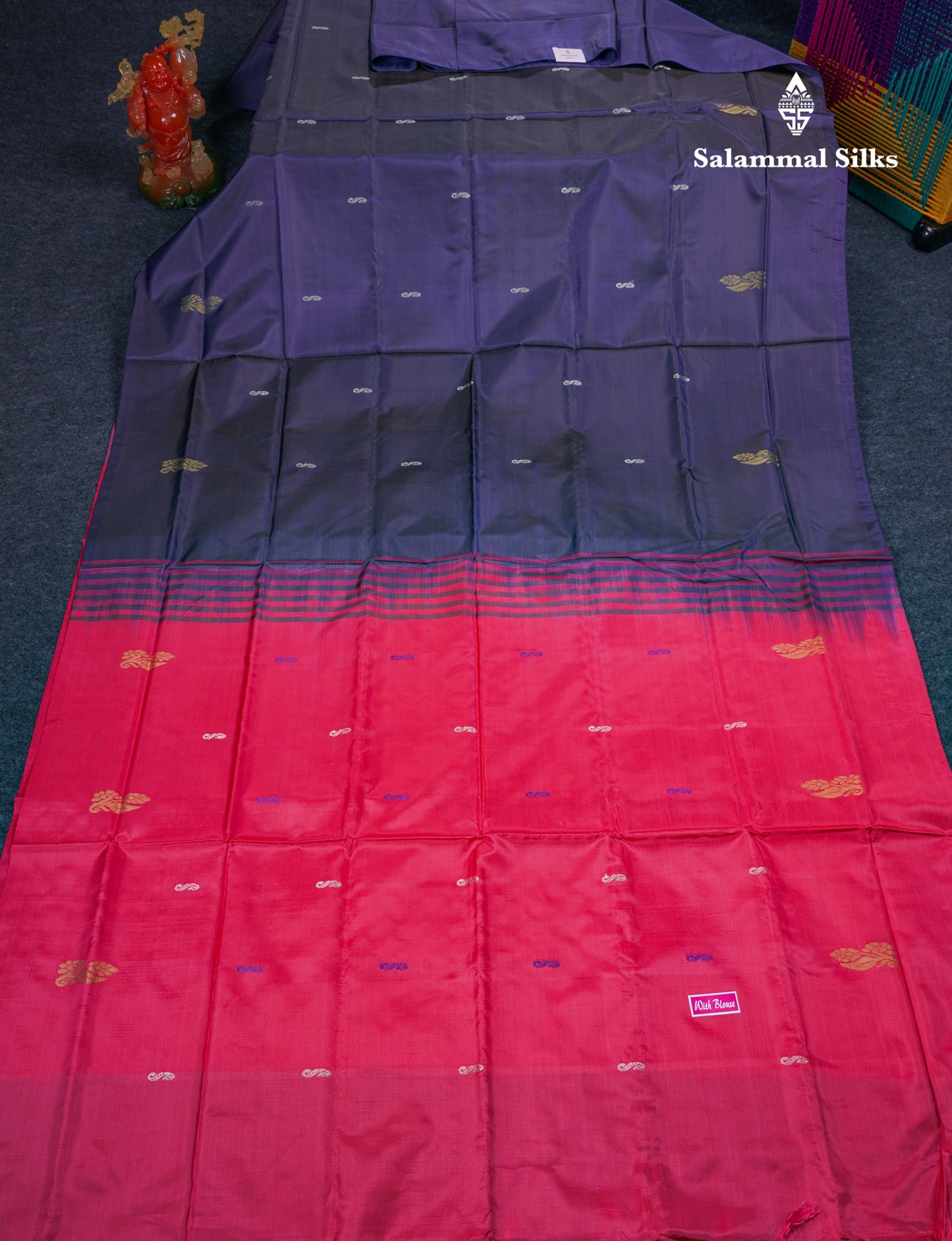 Violet Thread work Buttas Banana Pinth Saree (Vaazhainaar Pattu) With Contrast Pink Blouse