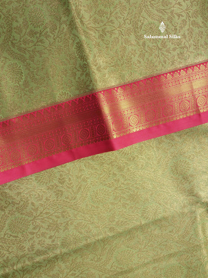 Light Elaichi Green Tissue Bridal Semi Silk Saree With Contrast Pink Border