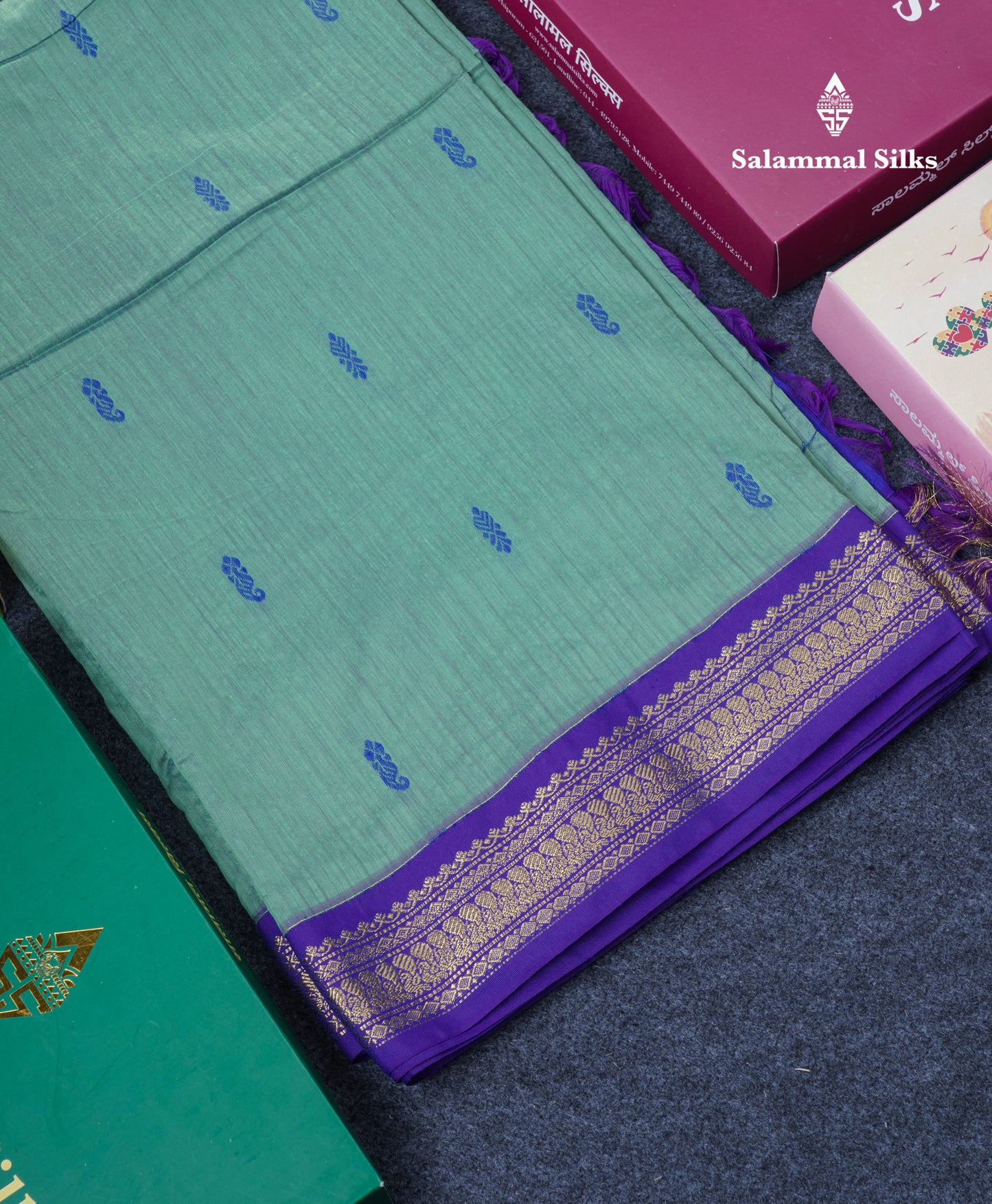 Dual Tone Green Kalyani Cotton Saree With Contrast Violet Border