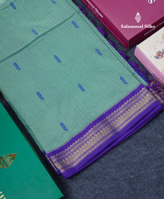 Dual Tone Green Kalyani Cotton Saree With Contrast Violet Border